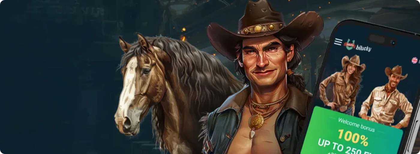 Cowboy met leren hoed naast een paard in een donker westernlandschap, met rechts een smartphone die de casinolobby en de welkomstbonus toont